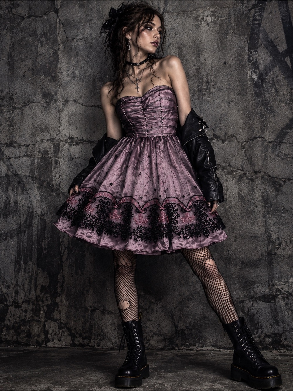 Vintage Jolie Mauve Pink Strapless Dress Black Lace Tulle Gothic Punk Y2K Mini